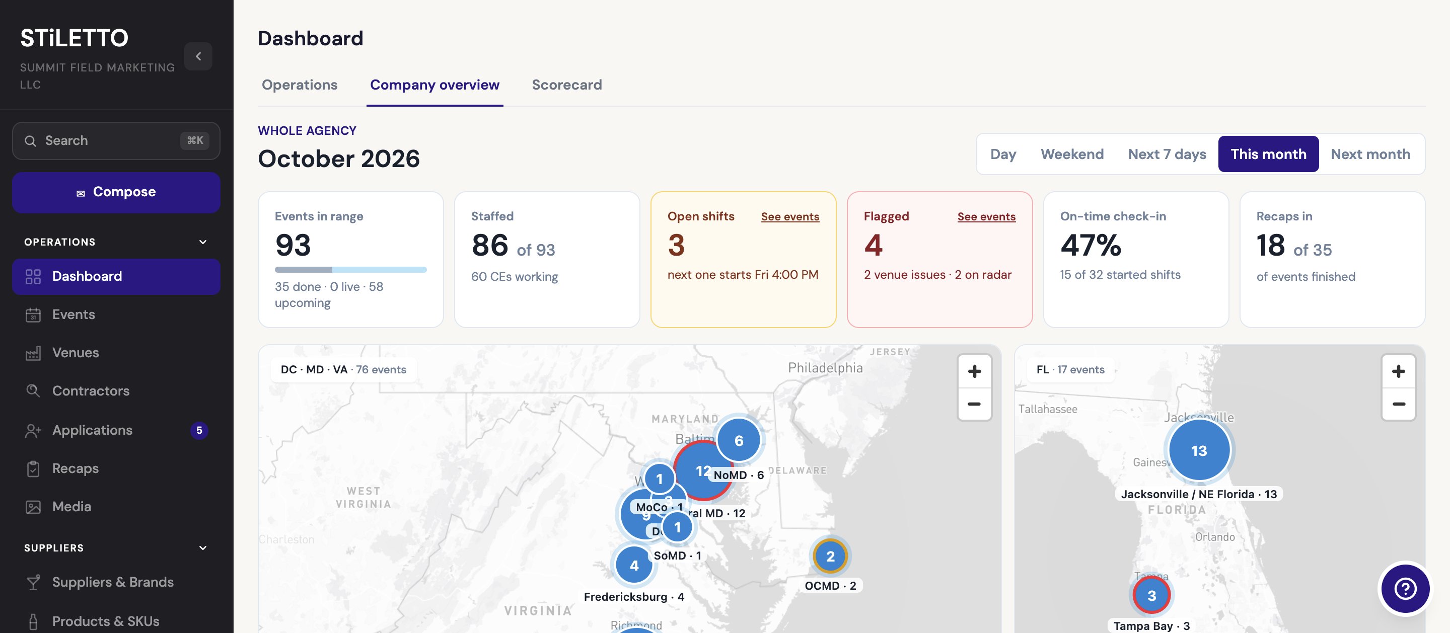 Stiletto's Company overview dashboard for October: 93 events, 86 staffed, 3 open shifts and 4 flagged, with every market shown as a bubble on maps of DC, Maryland, Virginia and Florida.